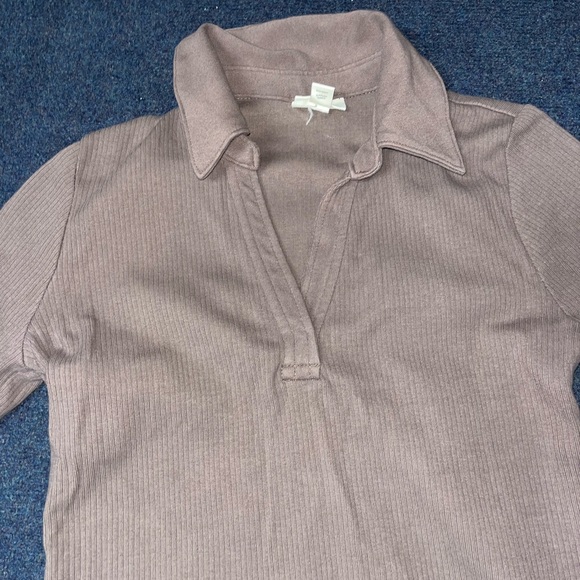 Brown Ribbed Long Sleeve Collared Top - Picture 2 of 5